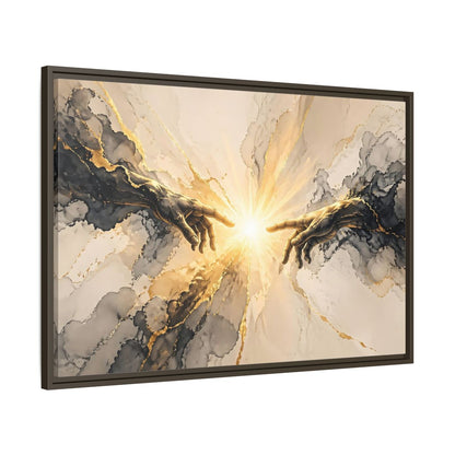 Main Mockup. Religious Reaching Hands Gold And Black Abstract shown as stretched canvas wall art