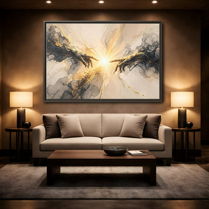 Mockup 2. Religious Reaching Hands Gold And Black Abstract shown as stretched canvas wall art