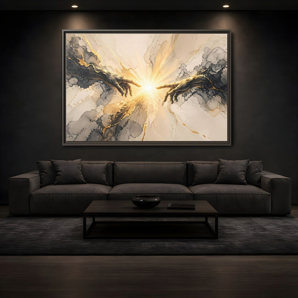 Mockup 3. Religious Reaching Hands Gold And Black Abstract shown as stretched canvas wall art