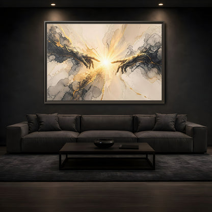 Mockup 3. Religious Reaching Hands Gold And Black Abstract shown as stretched canvas wall art
