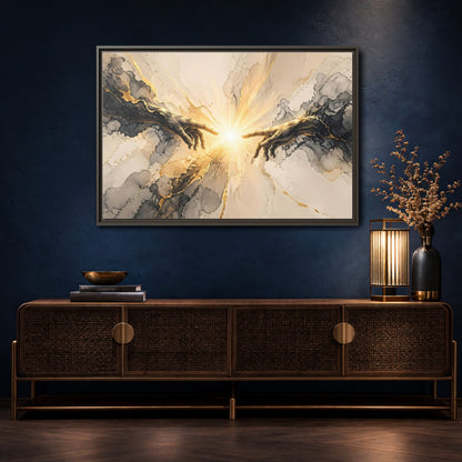 Mockup 4. Religious Reaching Hands Gold And Black Abstract shown as stretched canvas wall art