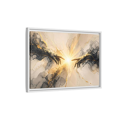 Side Mockup 1. Religious Reaching Hands Gold And Black Abstract shown as stretched canvas wall art
