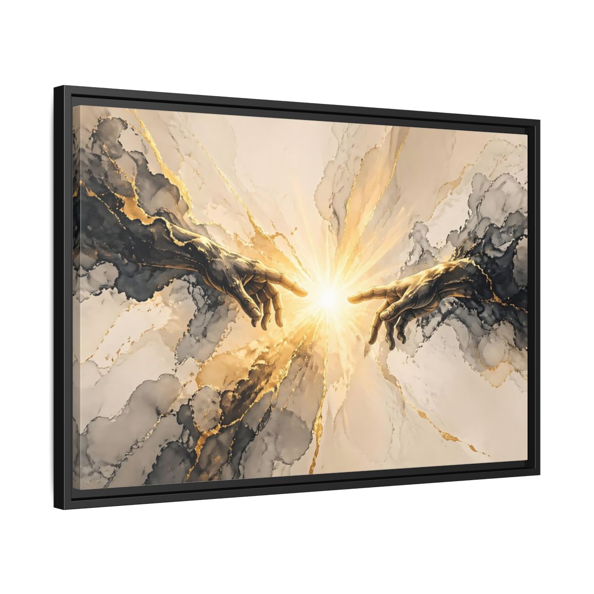 Side Mockup 14. Religious Reaching Hands Gold And Black Abstract shown as stretched canvas wall art