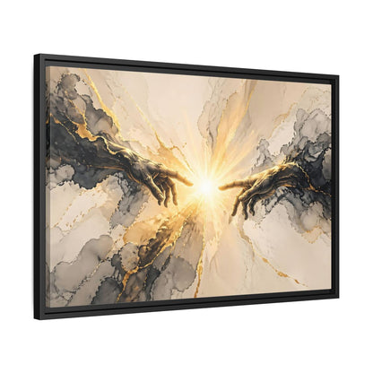 Side Mockup 14. Religious Reaching Hands Gold And Black Abstract shown as stretched canvas wall art