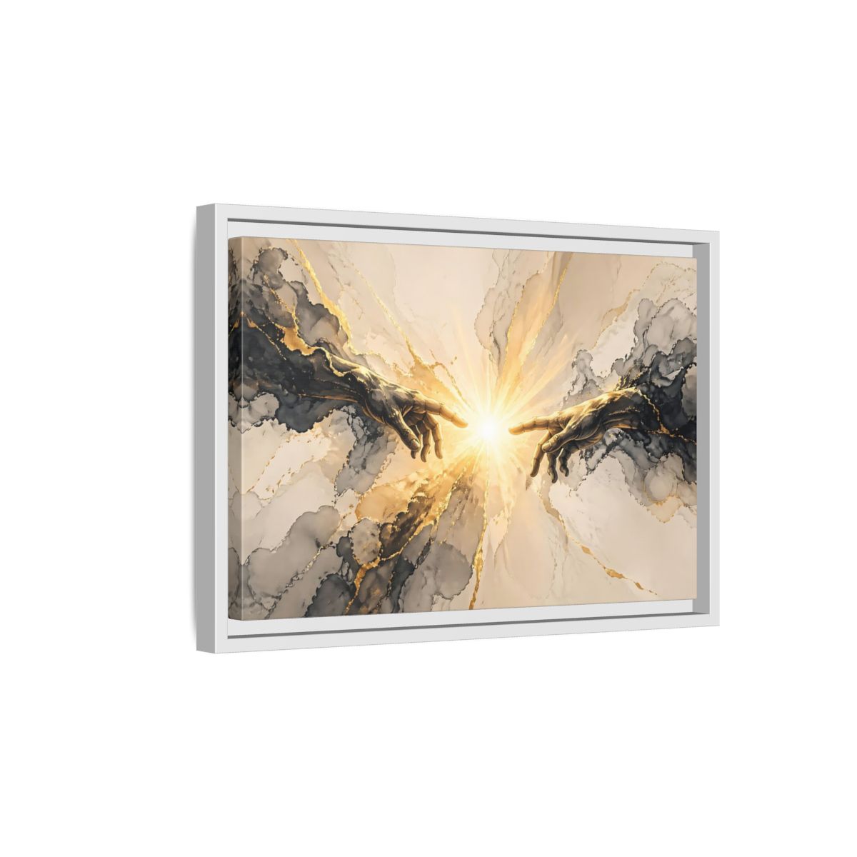 Side Mockup 4. Religious Reaching Hands Gold And Black Abstract shown as stretched canvas wall art