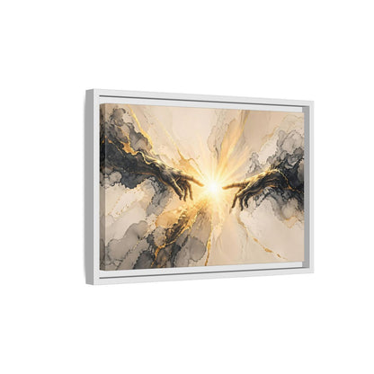 Side Mockup 4. Religious Reaching Hands Gold And Black Abstract shown as stretched canvas wall art