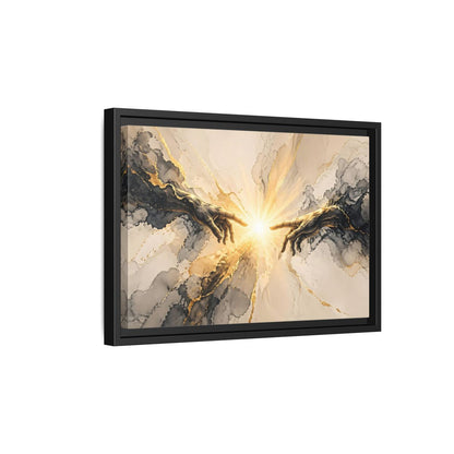 Side Mockup 6. Religious Reaching Hands Gold And Black Abstract shown as stretched canvas wall art