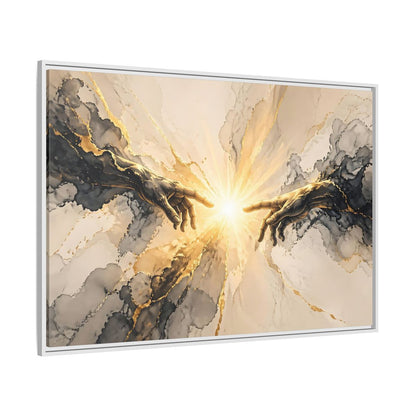 Side Mockup 7. Religious Reaching Hands Gold And Black Abstract shown as stretched canvas wall art