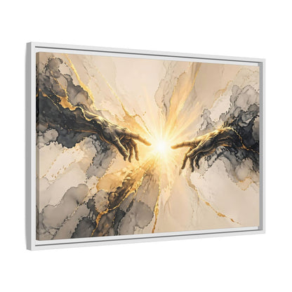 Side Mockup 10. Religious Reaching Hands Gold And Black Abstract shown as stretched canvas wall art
