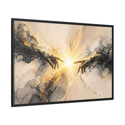 Side Mockup 12. Religious Reaching Hands Gold And Black Abstract shown as stretched canvas wall art