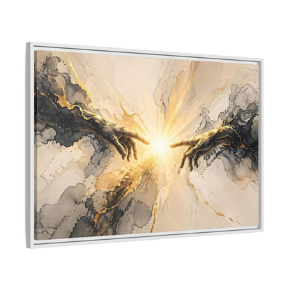 Side Mockup 9. Religious Reaching Hands Gold And Black Abstract shown as stretched canvas wall art