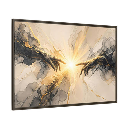 Side Mockup 8. Religious Reaching Hands Gold And Black Abstract shown as stretched canvas wall art