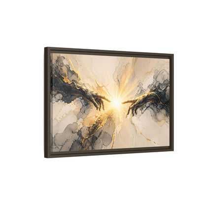 Side Mockup 2. Religious Reaching Hands Gold And Black Abstract shown as stretched canvas wall art