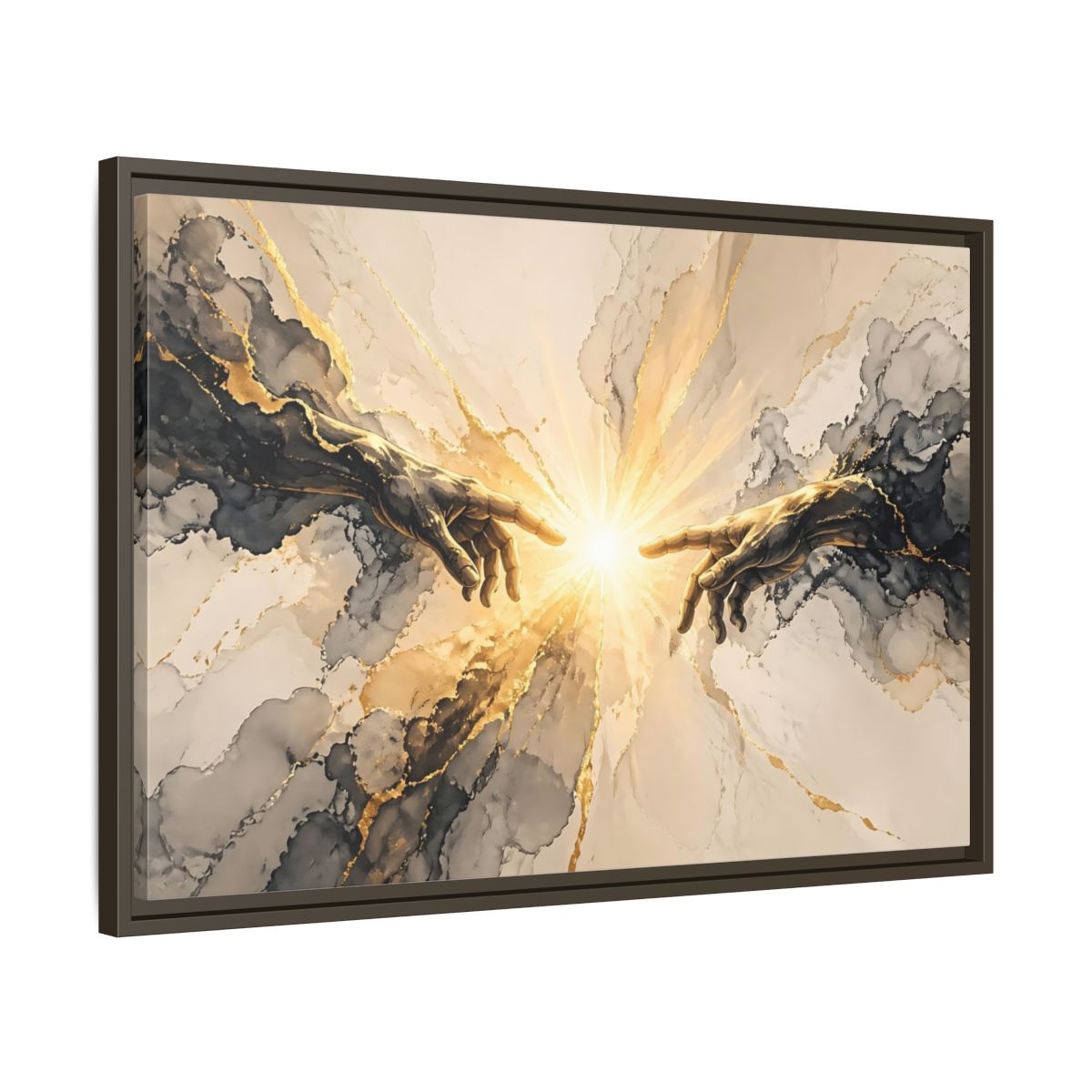 Side Mockup 11. Religious Reaching Hands Gold And Black Abstract shown as stretched canvas wall art