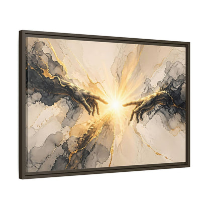 Side Mockup 11. Religious Reaching Hands Gold And Black Abstract shown as stretched canvas wall art