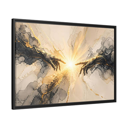 Side Mockup 13. Religious Reaching Hands Gold And Black Abstract shown as stretched canvas wall art