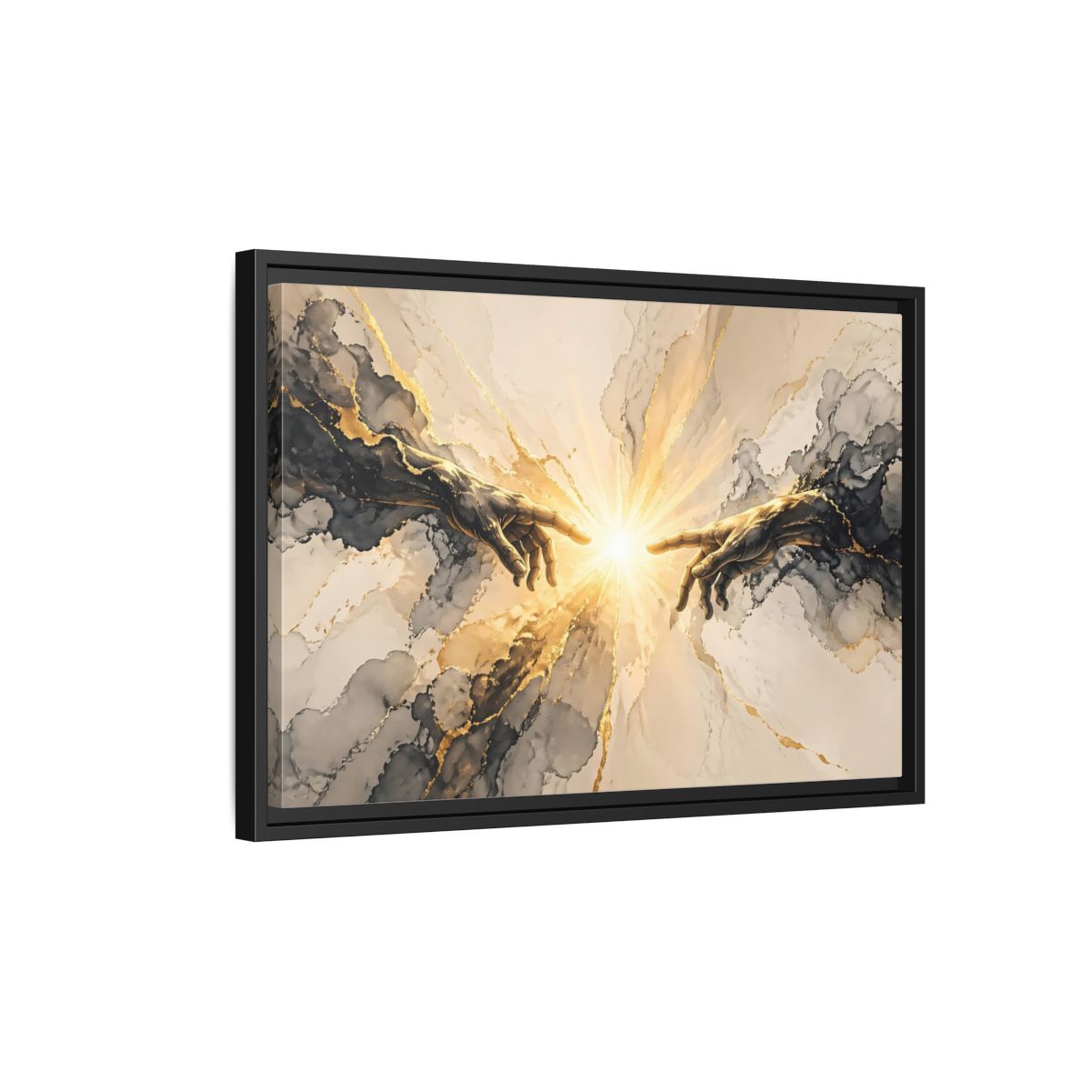Side Mockup 3. Religious Reaching Hands Gold And Black Abstract shown as stretched canvas wall art