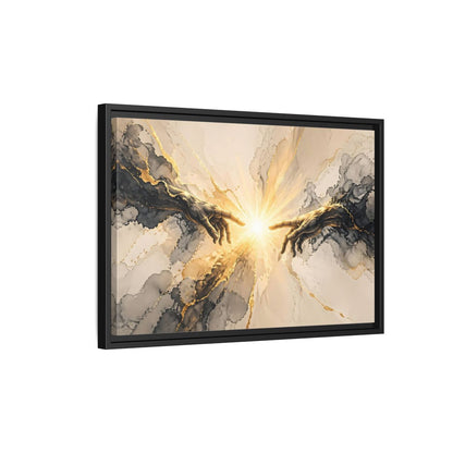 Side Mockup 3. Religious Reaching Hands Gold And Black Abstract shown as stretched canvas wall art