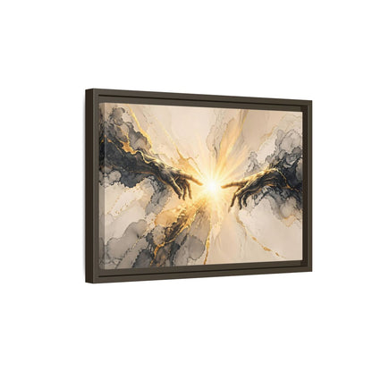 Side Mockup 5. Religious Reaching Hands Gold And Black Abstract shown as stretched canvas wall art