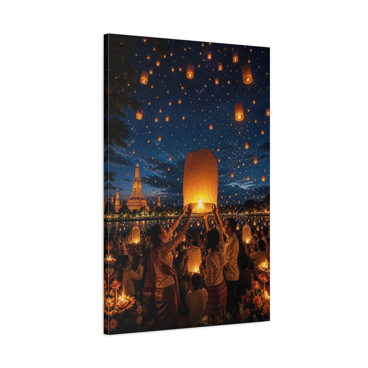 Religious Sky Lanterns Glowing Canvas Wall Art Print - Living Room Above Sofa shown as canvas wall art