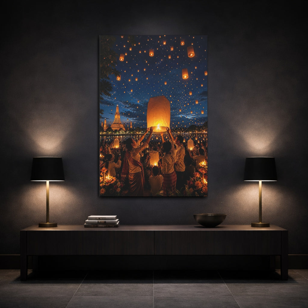 Mockup 3. Religious Sky Lanterns Glowing Lanterns shown as stretched canvas wall art