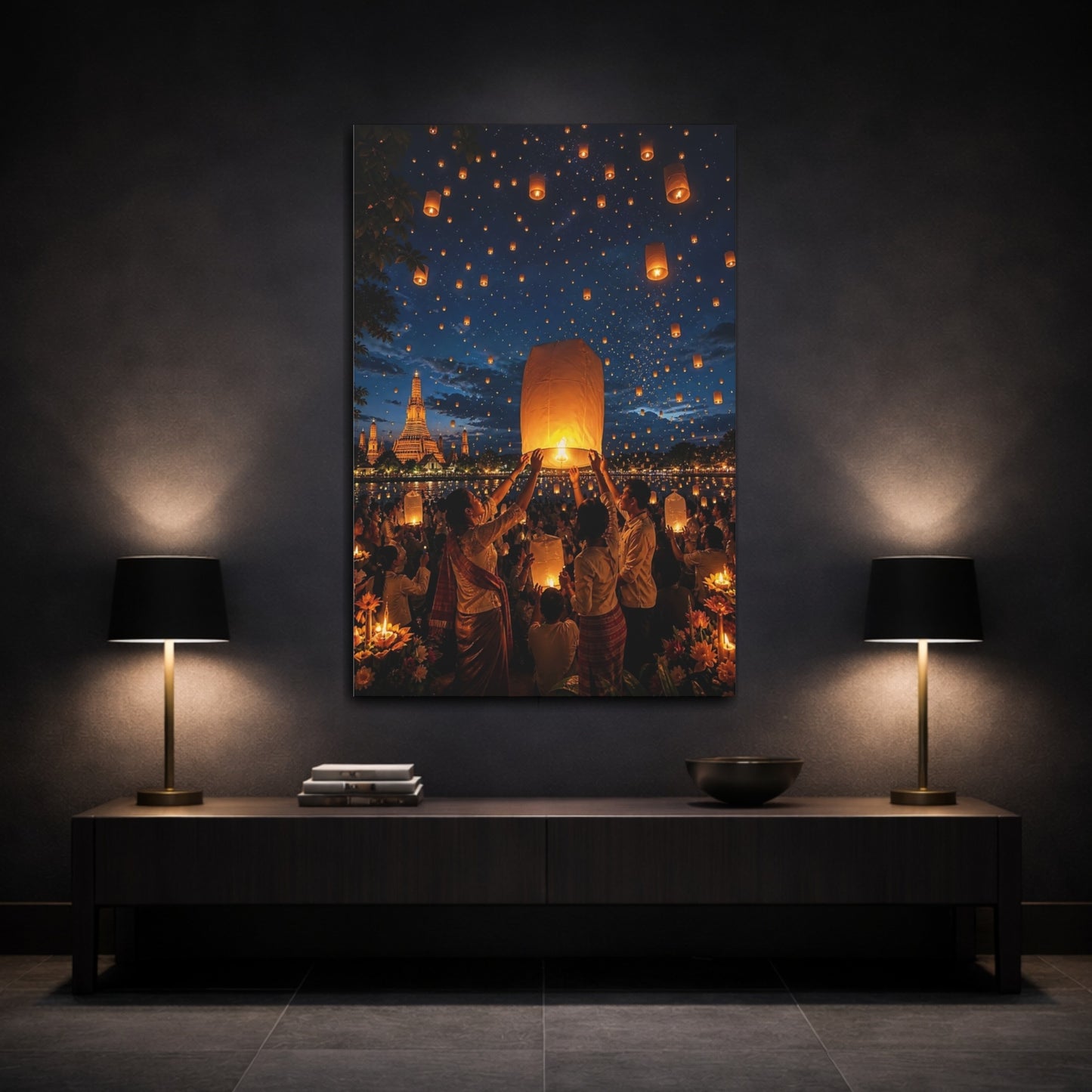 Religious Sky Lanterns Glowing Canvas Wall Art Print - Living Room Above Sofa shown as canvas wall art