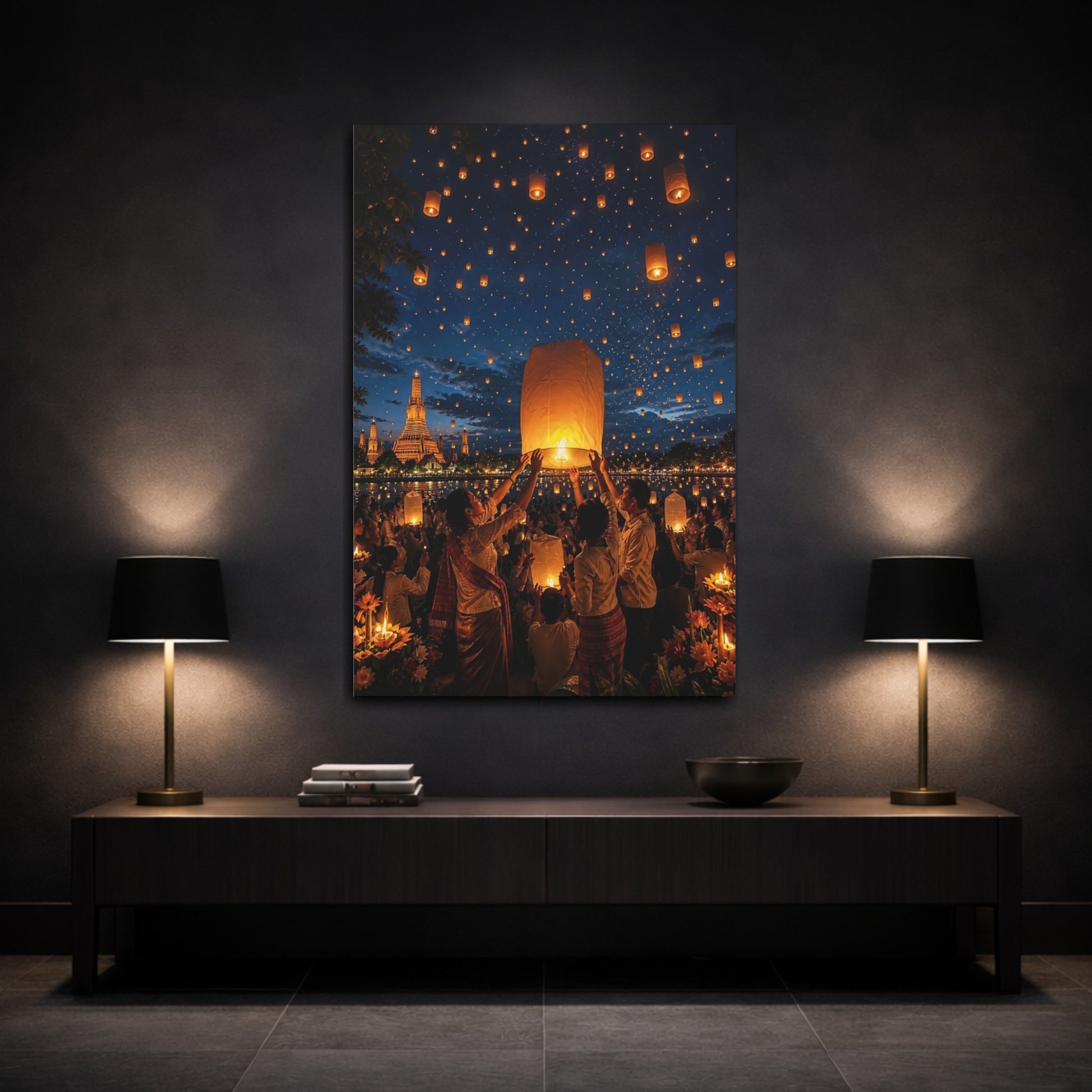 Religious Sky Lanterns Glowing Canvas Wall Art Print - Living Room Above Sofa shown as canvas wall art