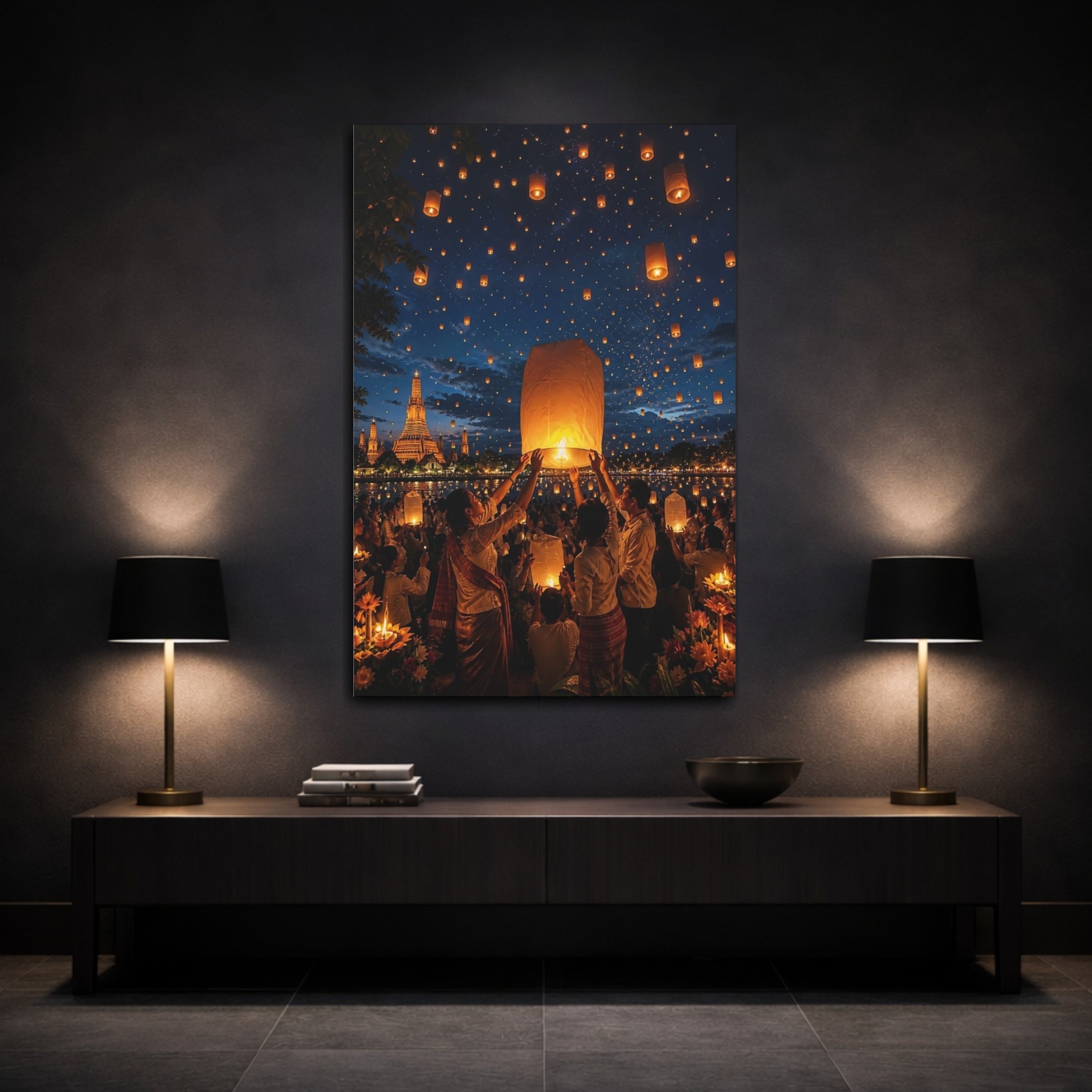 Mockup 3. Religious Sky Lanterns Glowing Lanterns shown as stretched canvas wall art