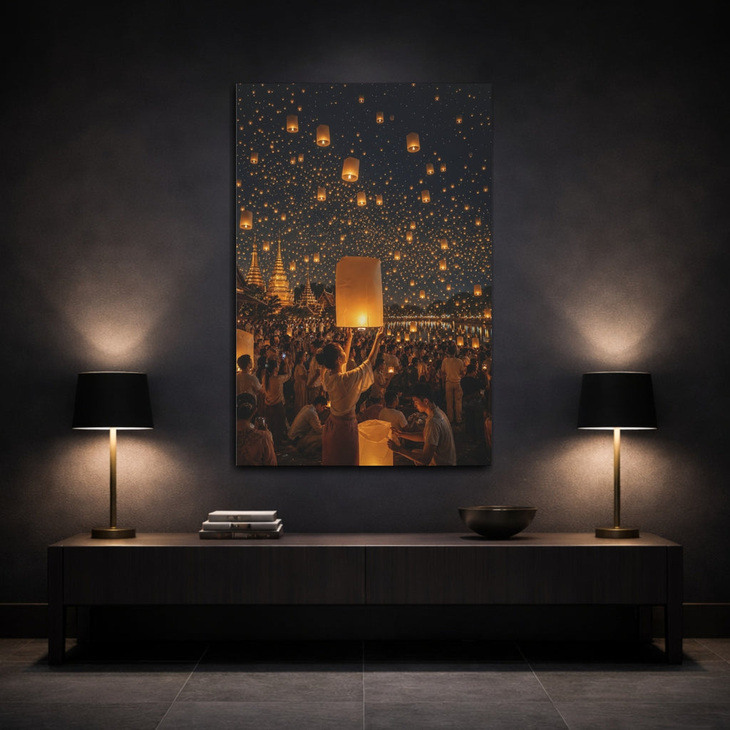 Mockup 3. Religious Sky Lanterns Golden Sky Lanterns shown as stretched canvas wall art