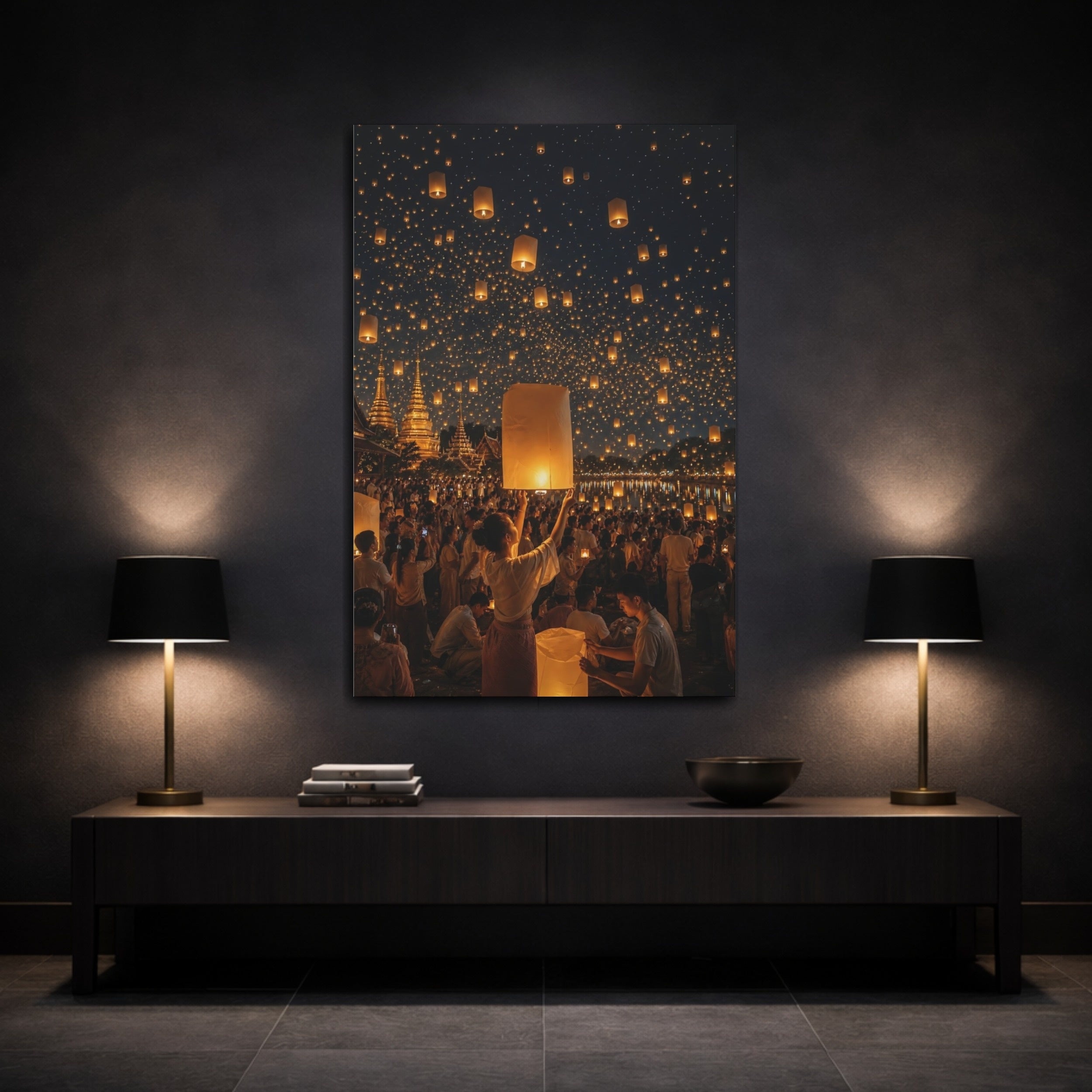 Mockup 3. Religious Sky Lanterns Golden Sky Lanterns shown as stretched canvas wall art