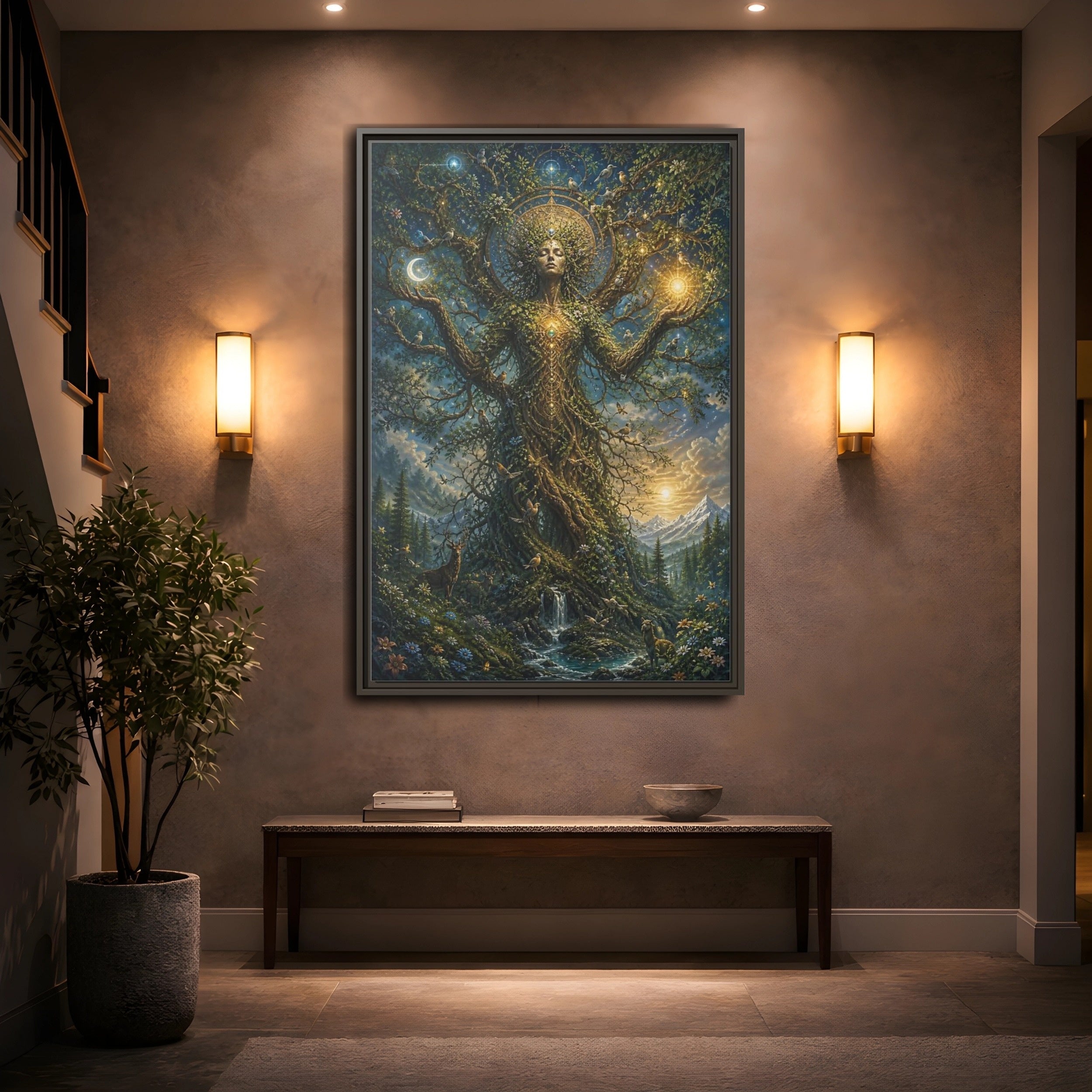 Mockup 2. Religious Tree Of Life Mystical Tree Art shown as stretched canvas wall art