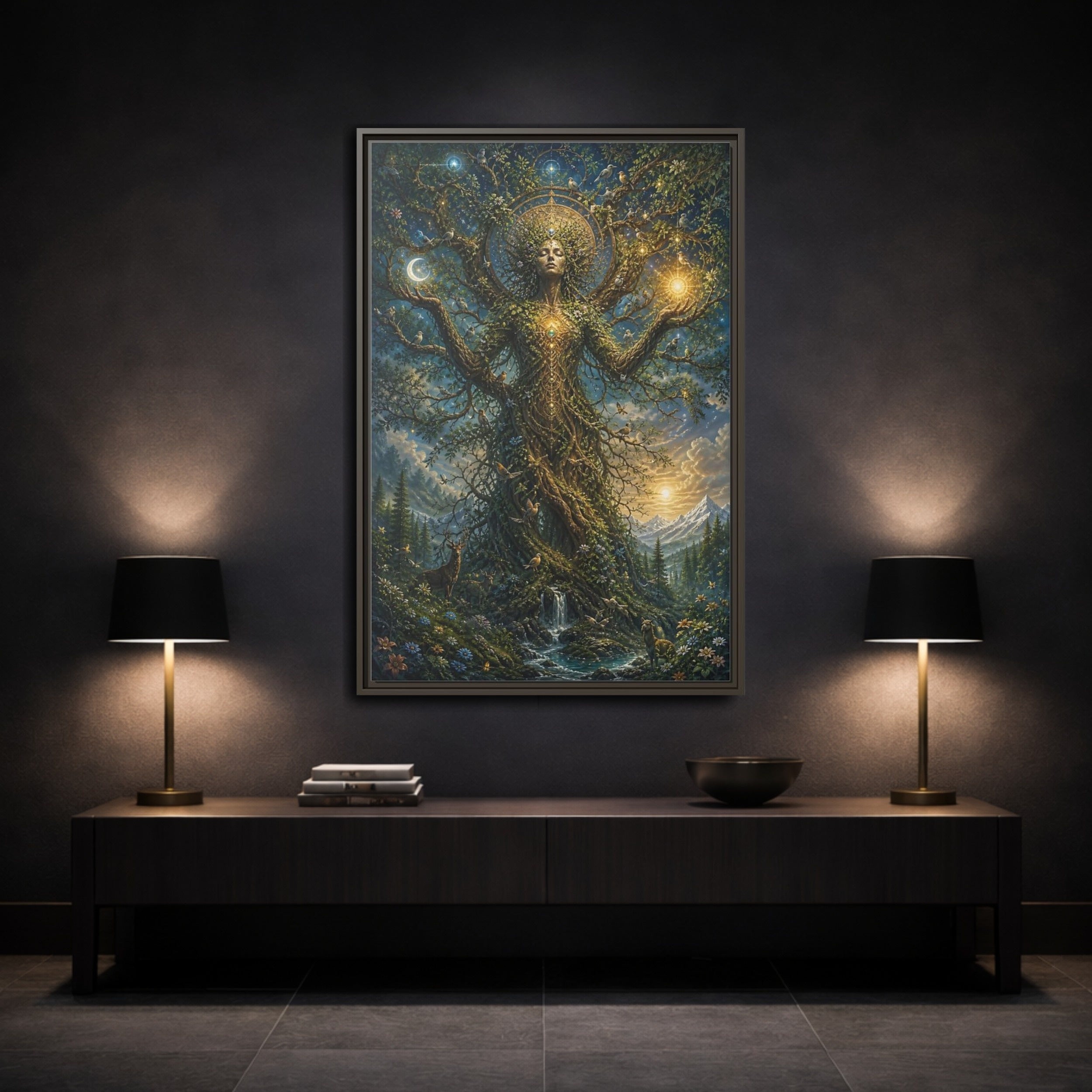 Mockup 3. Religious Tree Of Life Mystical Tree Art shown as stretched canvas wall art