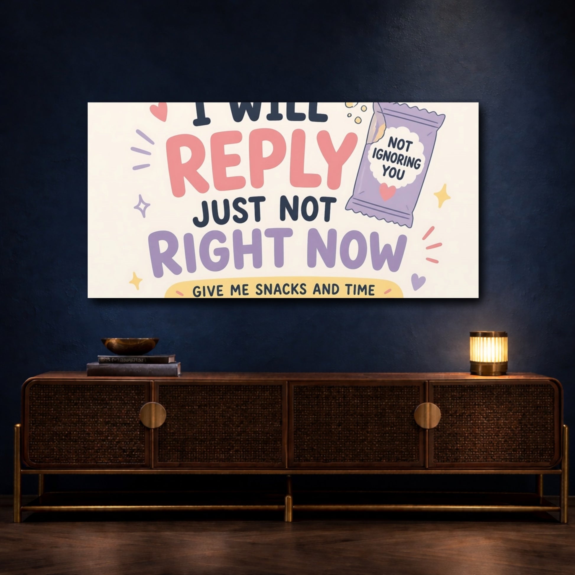 Mockup 4. Reply Later Need Snacks shown as canvas print