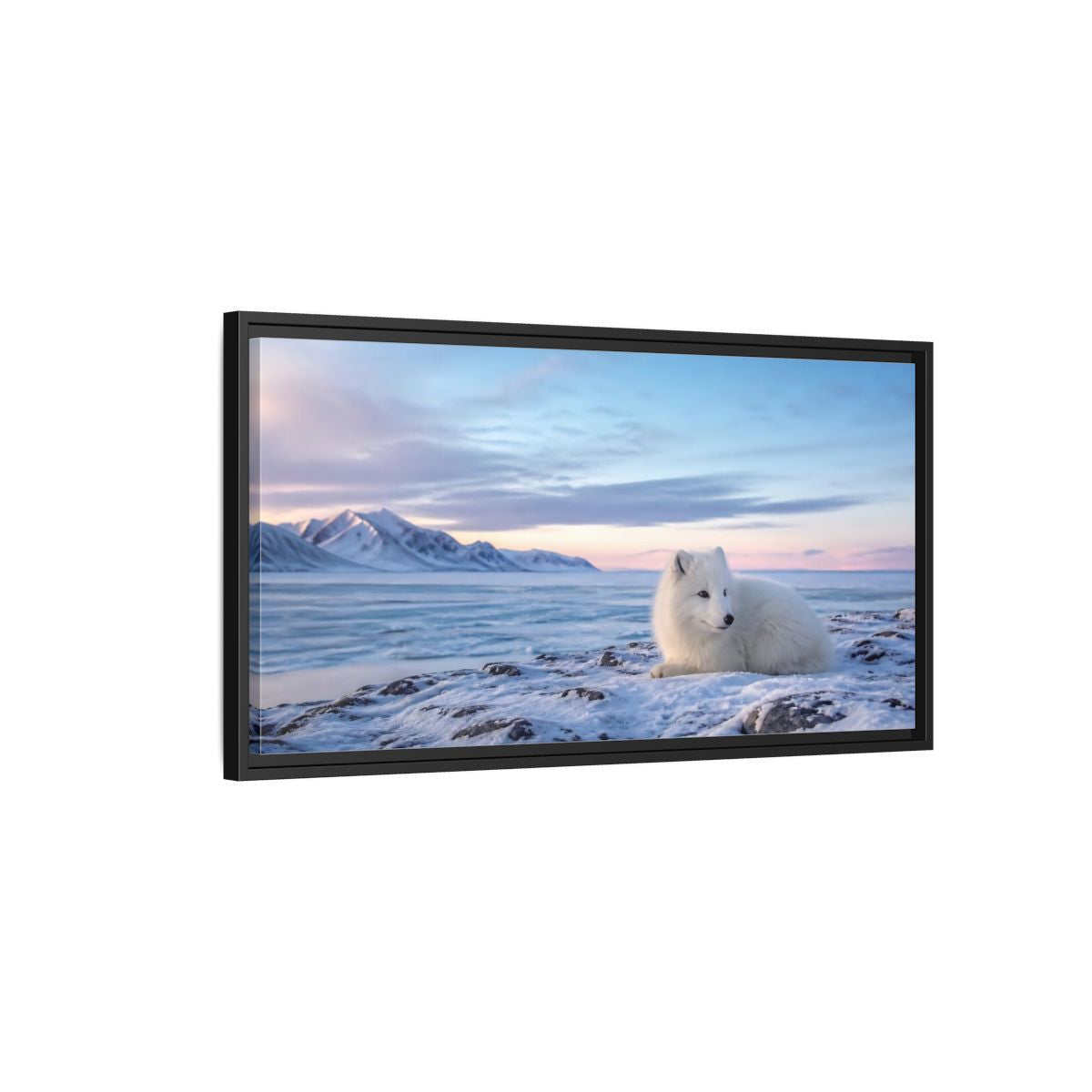 Side Mockup 2. Resting Arctic Fox At Dusk shown as framed canvas print