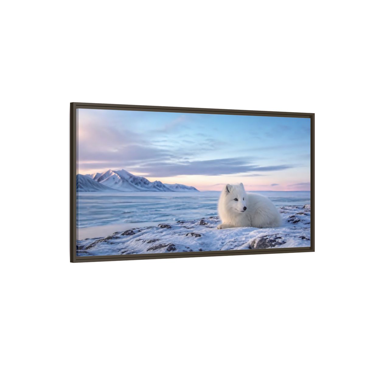Side Mockup 4. Resting Arctic Fox At Dusk shown as framed canvas print