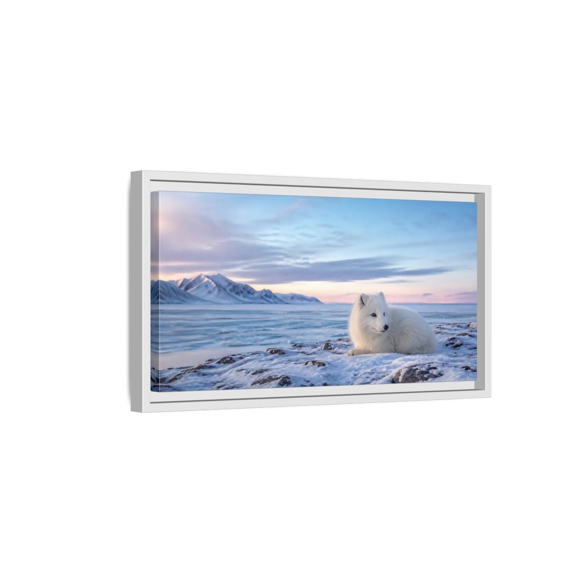 Side Mockup 6. Resting Arctic Fox At Dusk shown as framed canvas print