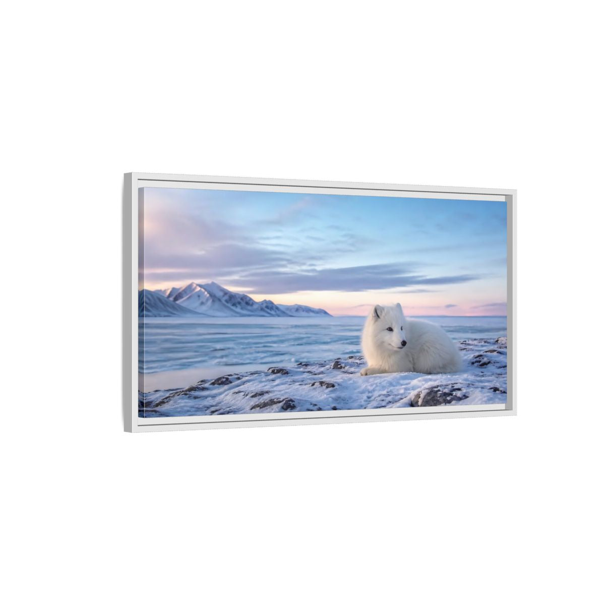 Side Mockup 1. Resting Arctic Fox At Dusk shown as framed canvas print