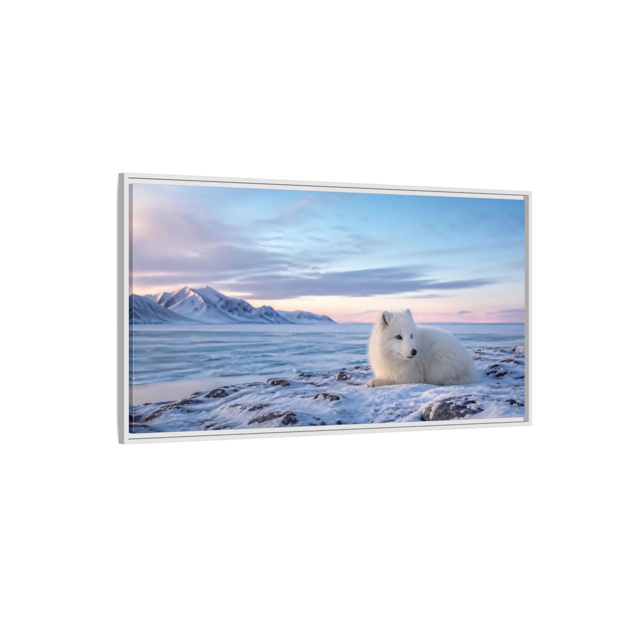 Side Mockup 3. Resting Arctic Fox At Dusk shown as framed canvas print