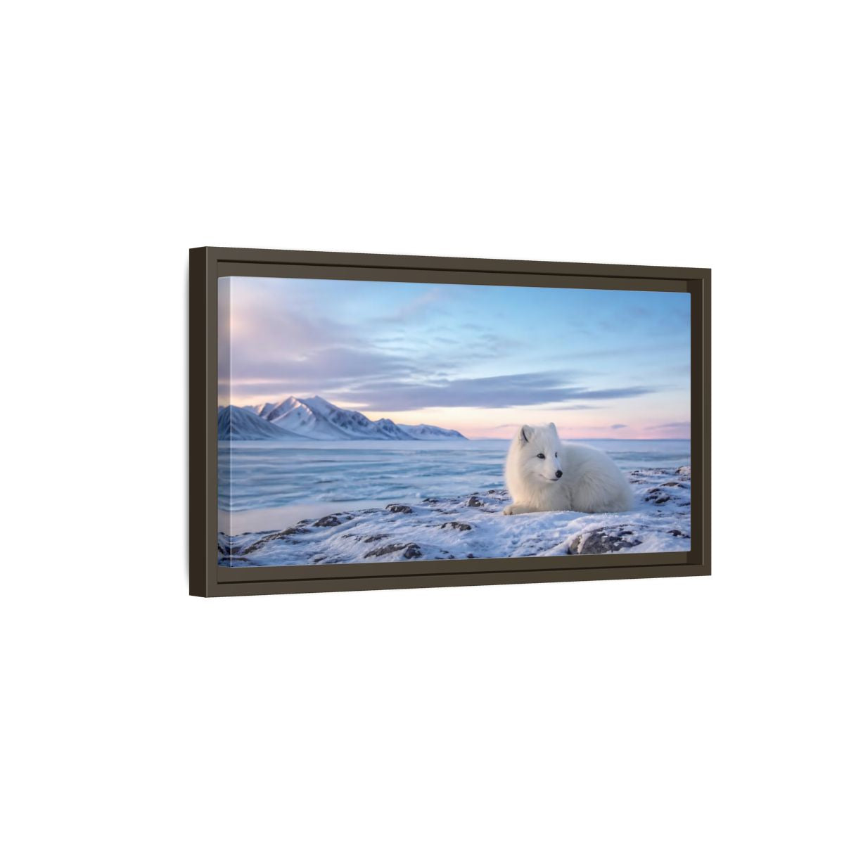 Side Mockup 7. Resting Arctic Fox At Dusk shown as framed canvas print