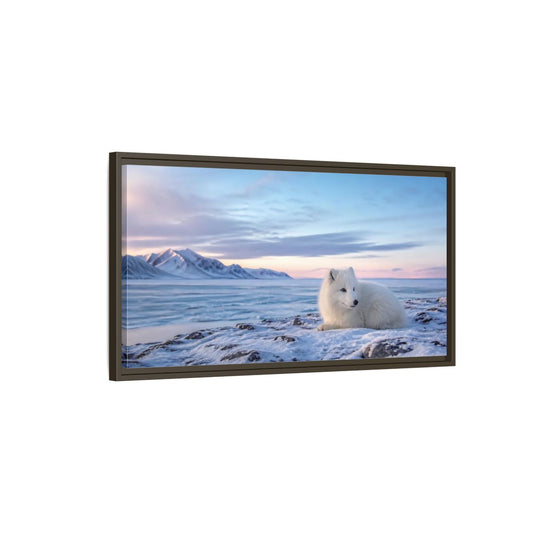 Main Mockup. Resting Arctic Fox At Dusk shown as framed canvas print