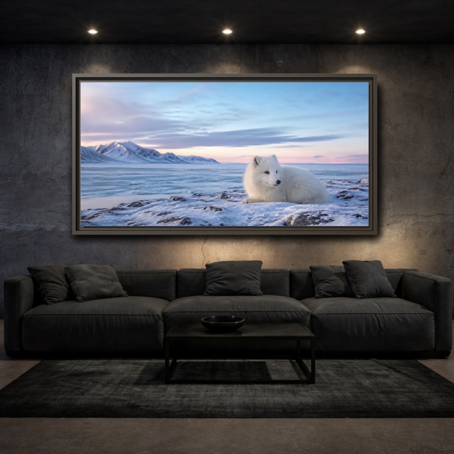 Mockup 3. Resting Arctic Fox At Dusk shown as framed canvas print