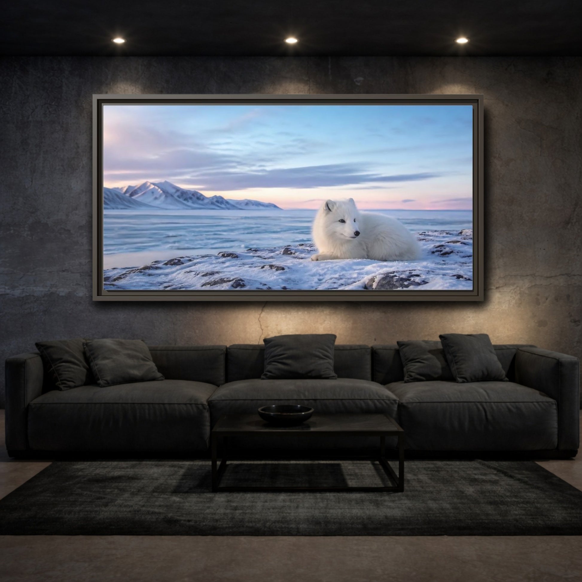 Mockup 3. Resting Arctic Fox At Dusk shown as framed canvas print