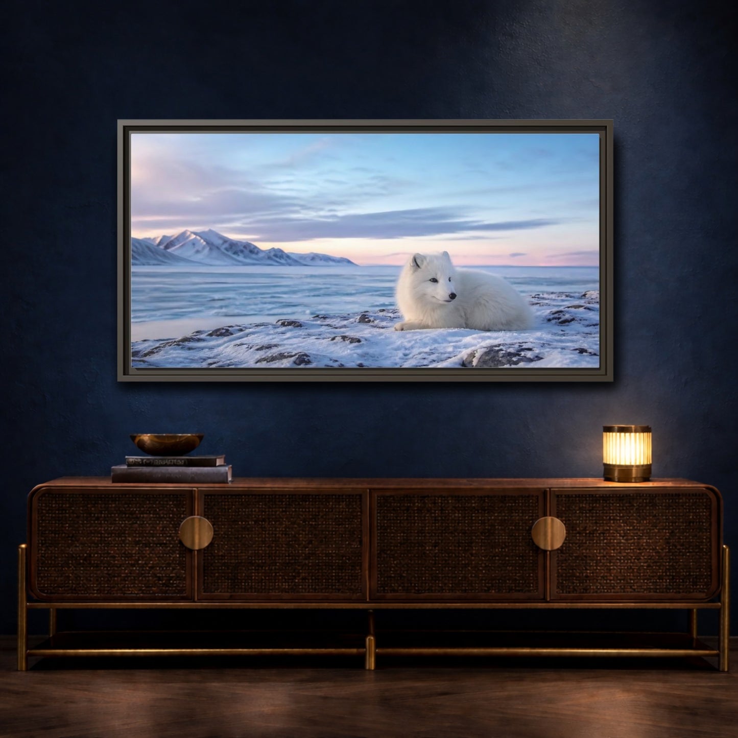 Mockup 4. Resting Arctic Fox At Dusk shown as framed canvas print
