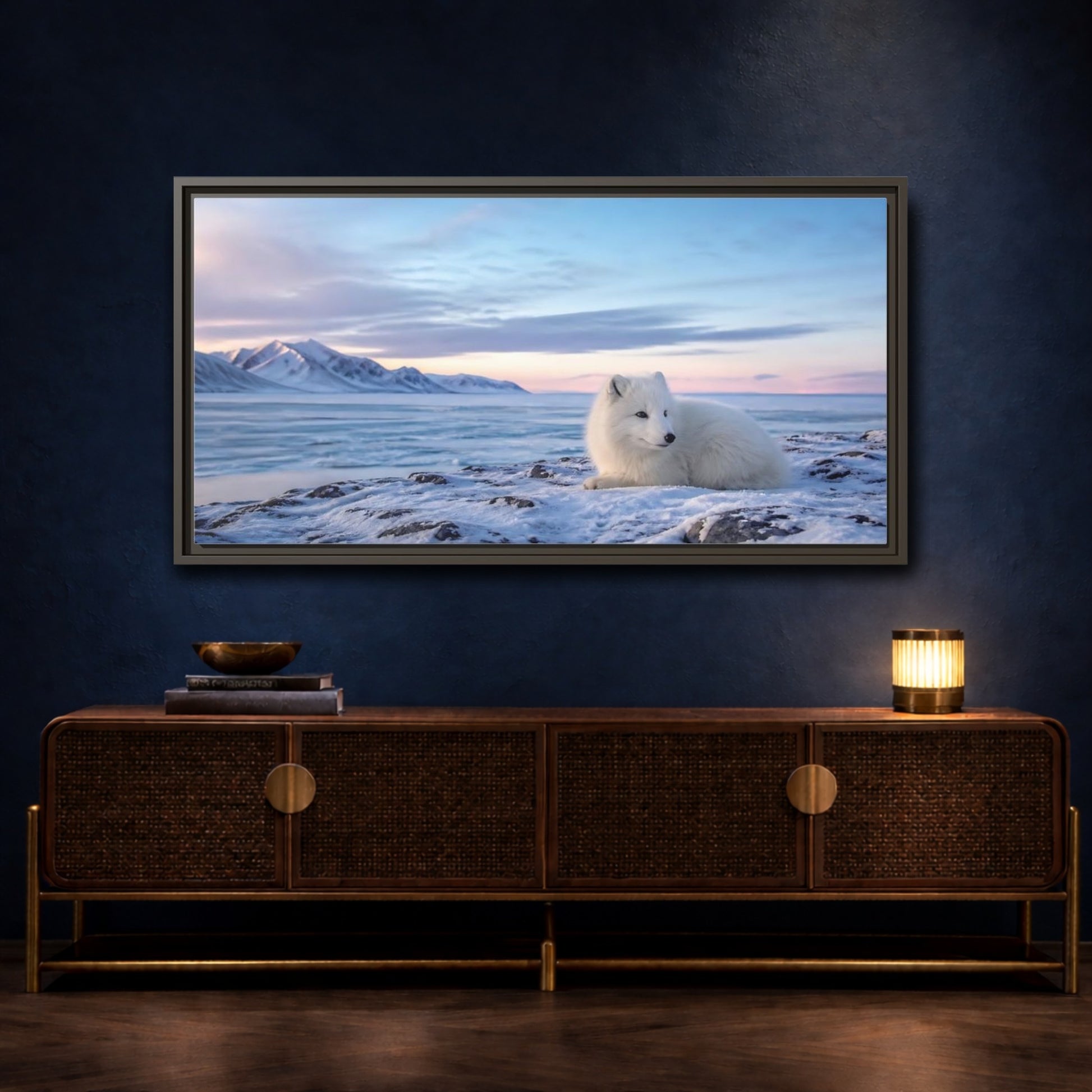 Mockup 4. Resting Arctic Fox At Dusk shown as framed canvas print