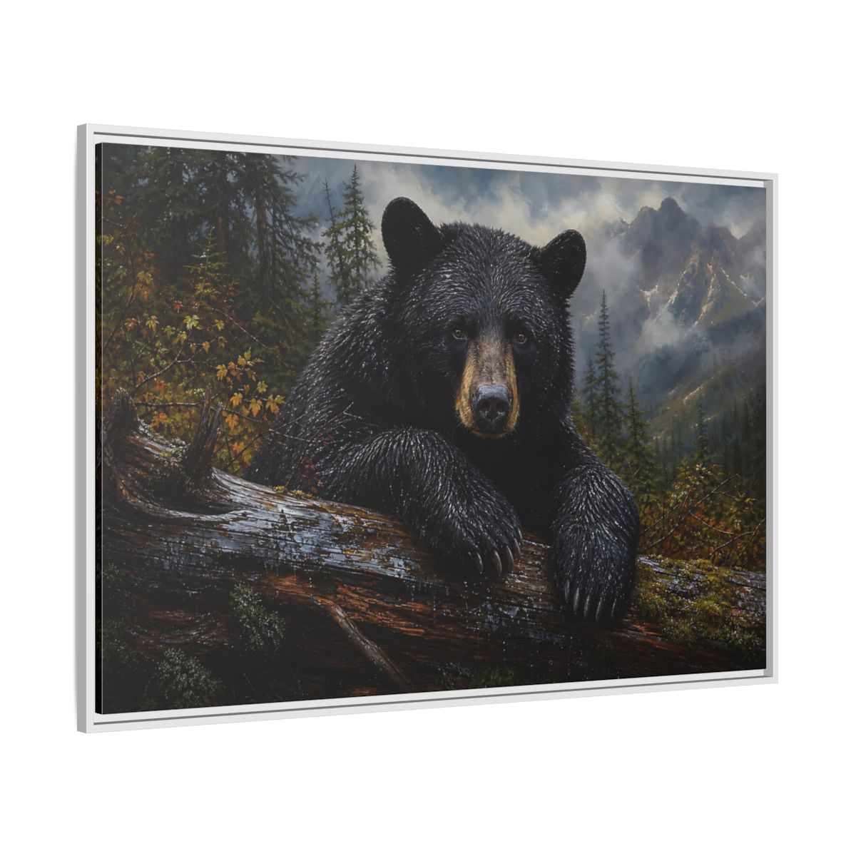 Side Mockup 7. Resting Black Bear shown as framed canvas print
