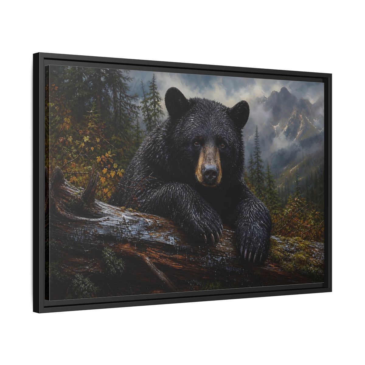 Side Mockup 14. Resting Black Bear shown as framed canvas print