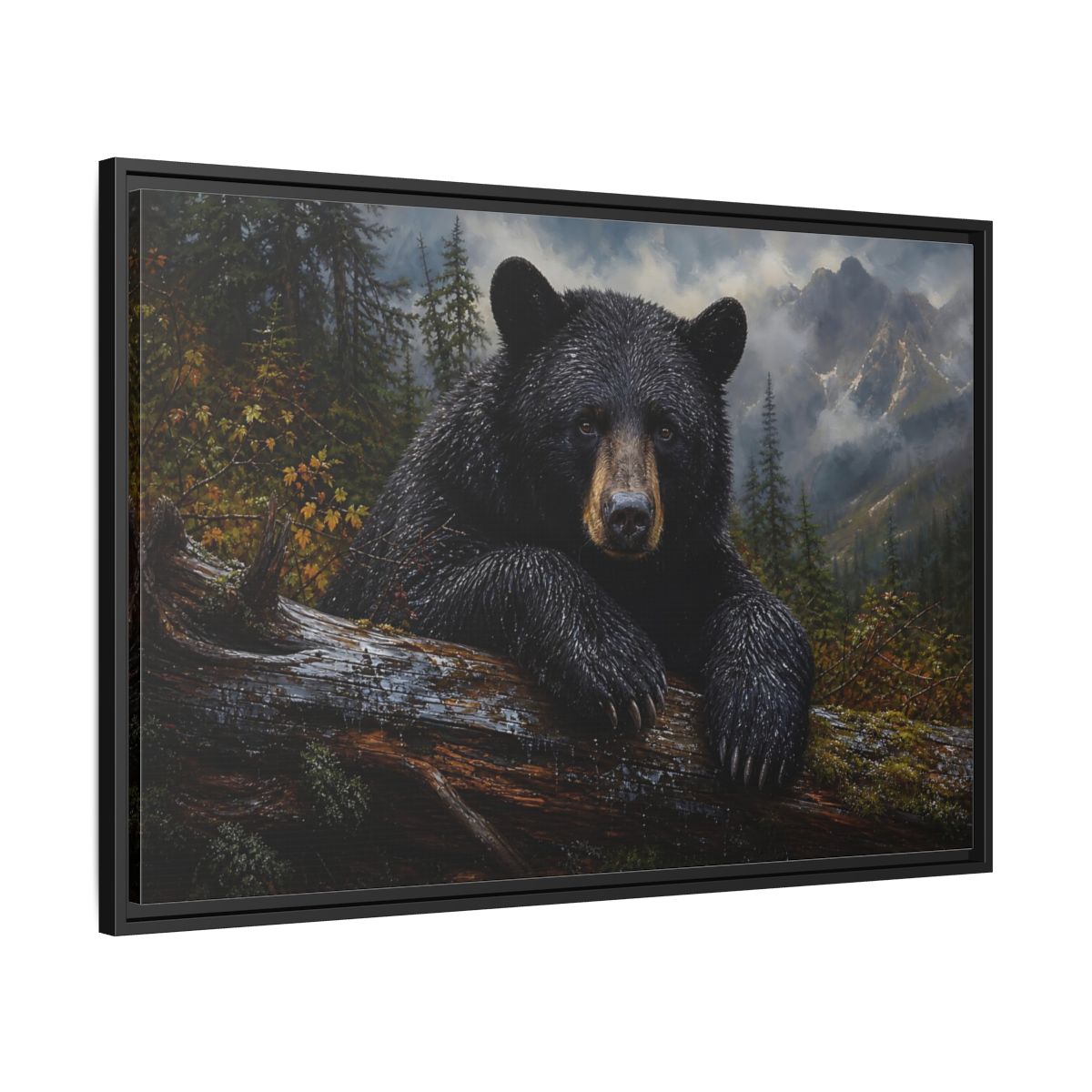 Side Mockup 13. Resting Black Bear shown as framed canvas print