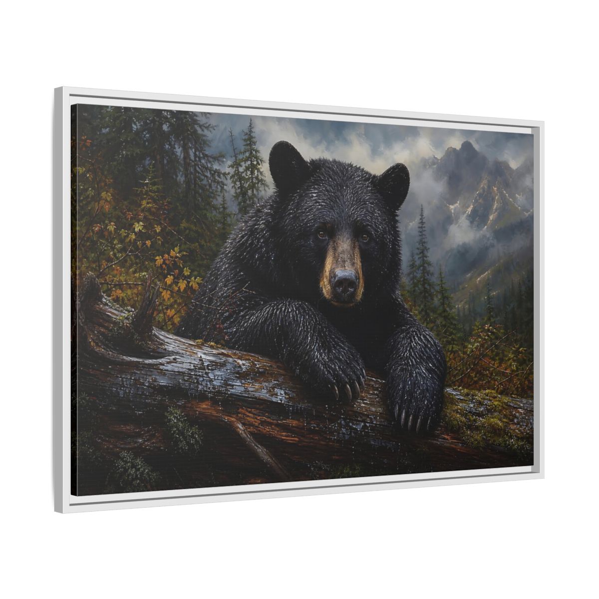 Side Mockup 9. Resting Black Bear shown as framed canvas print