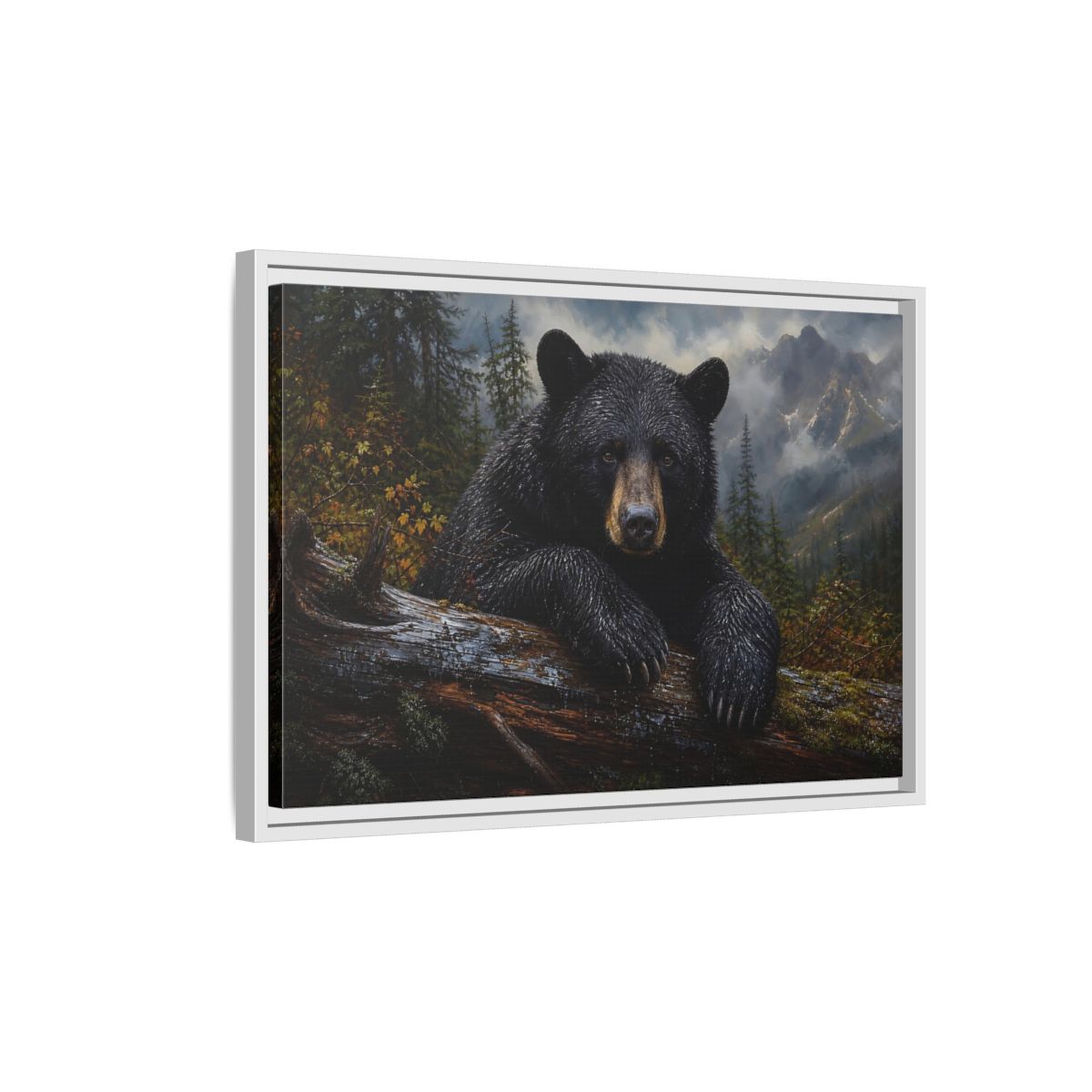 Side Mockup 1. Resting Black Bear shown as framed canvas print