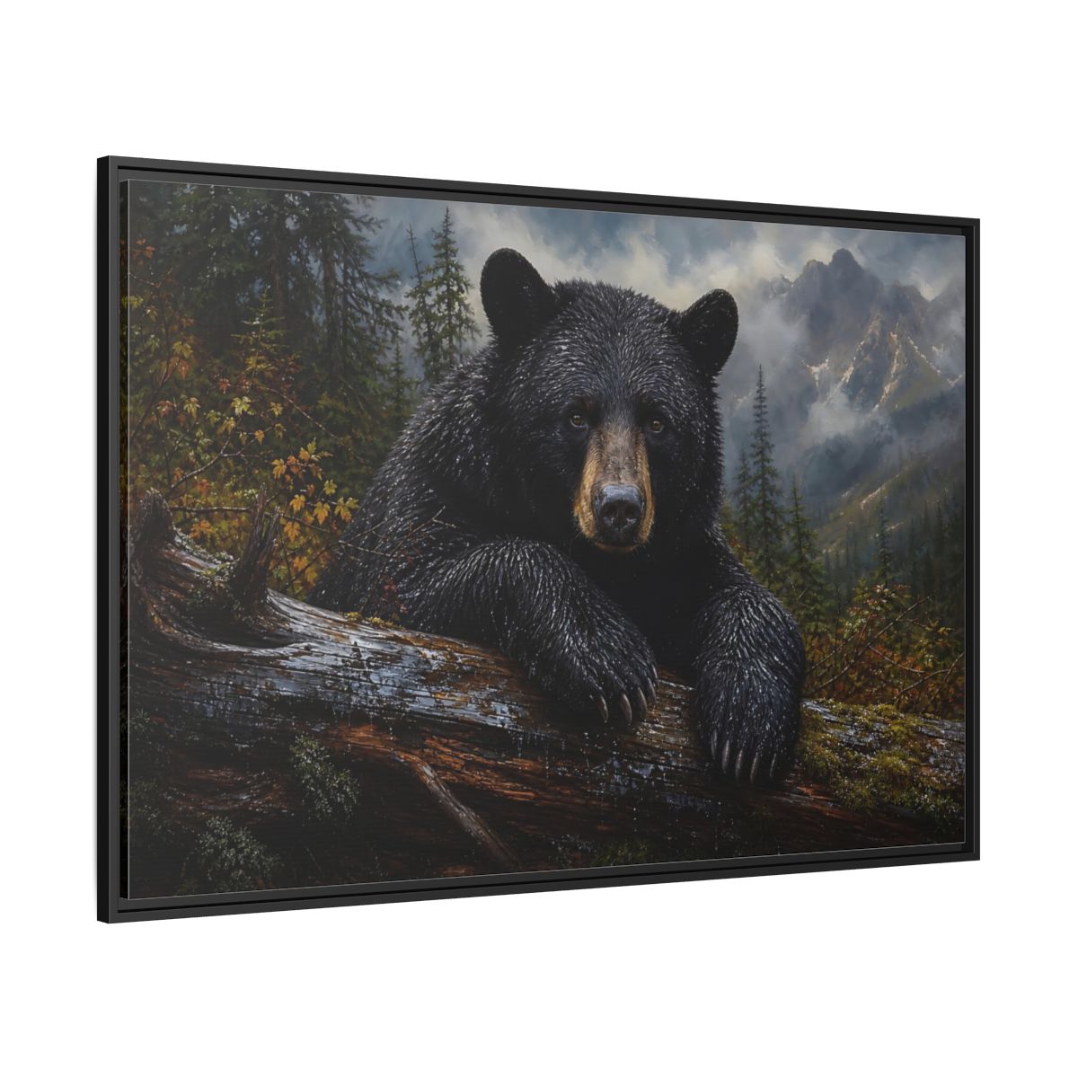 Side Mockup 12. Resting Black Bear shown as framed canvas print